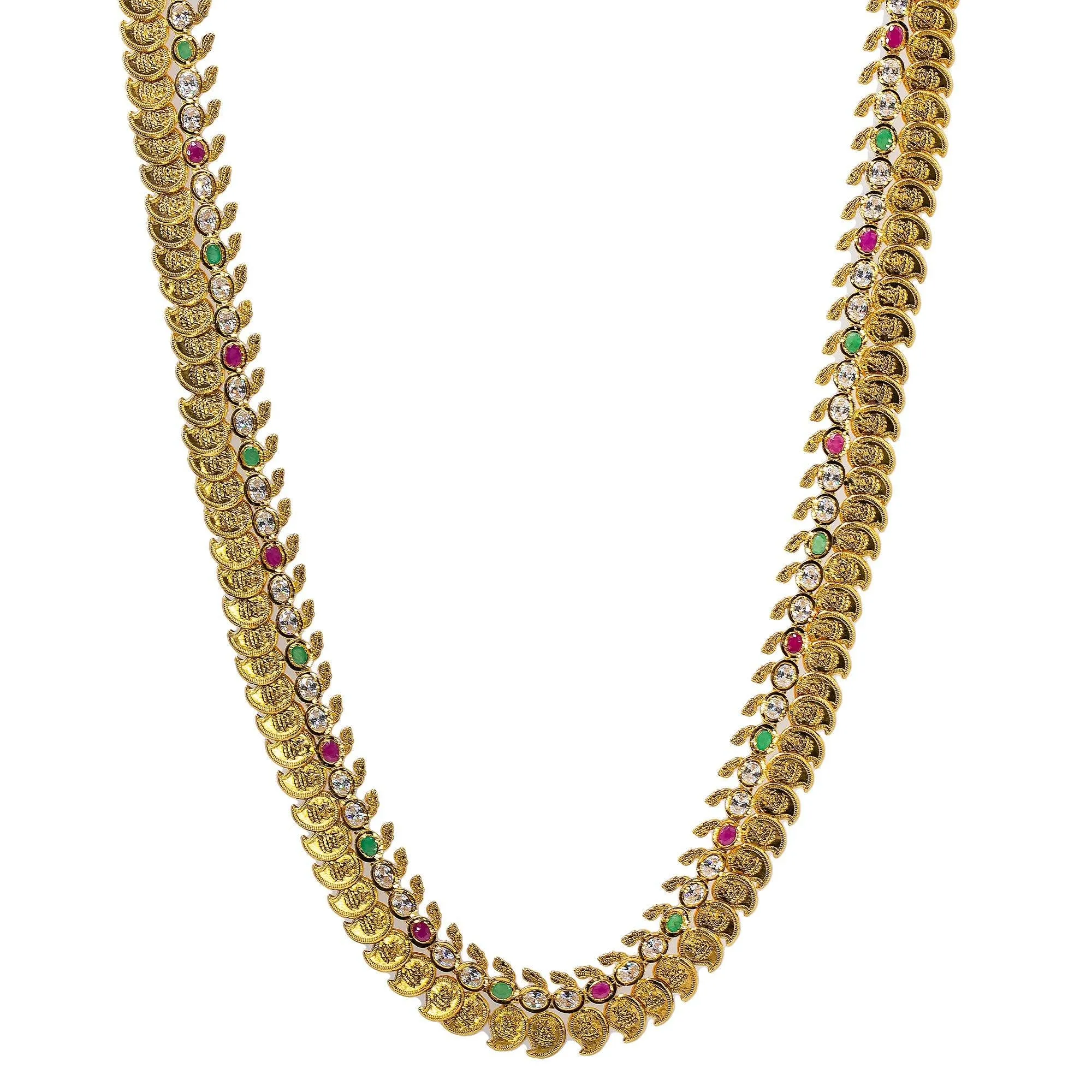 22K Yellow Antique Gold Laxmi Mango Haaram Necklace W/ Rubies, Emeralds, Pachi CZ & Adjustable Drawstring Closure