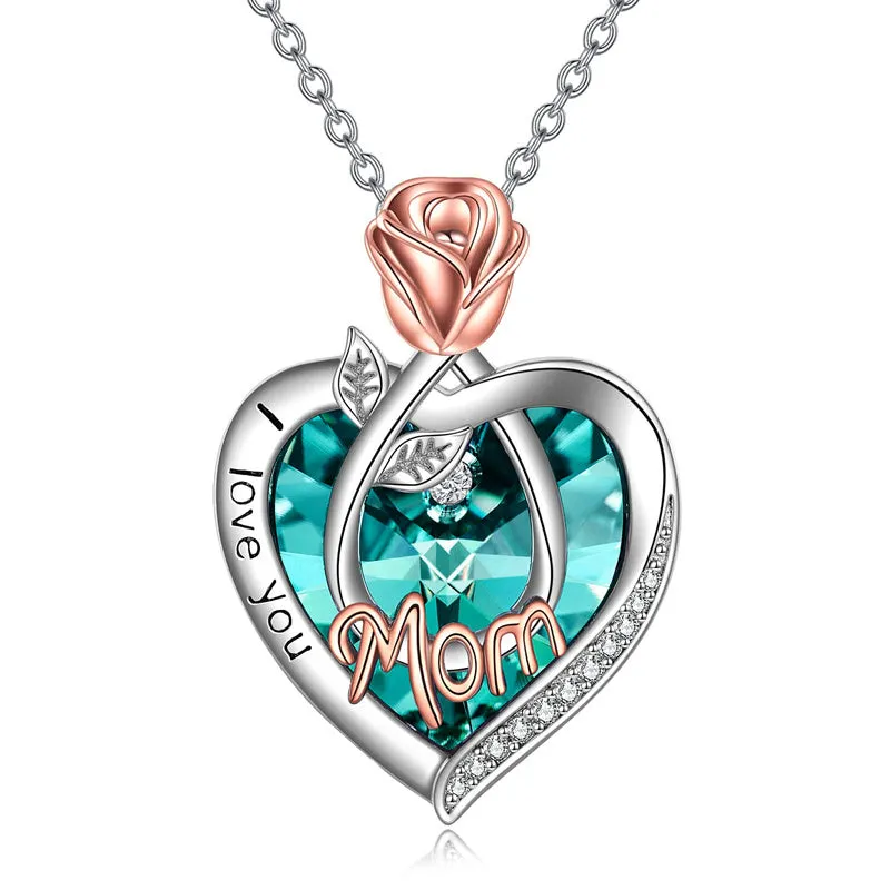 925 Sterling Silver Crystal Jewelry I Love You Mom Necklace Rose Flower Love Heart Pendant Necklace for Women