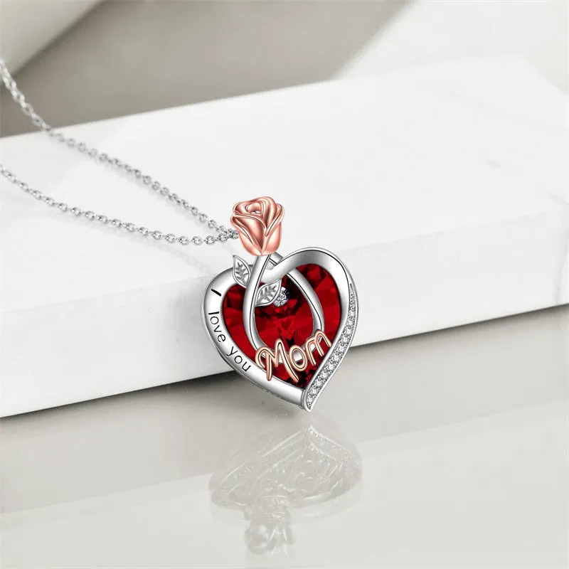 925 Sterling Silver Crystal Jewelry I Love You Mom Necklace Rose Flower Love Heart Pendant Necklace for Women