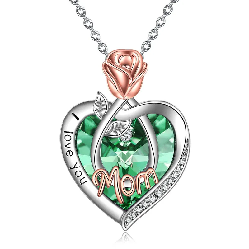 925 Sterling Silver Crystal Jewelry I Love You Mom Necklace Rose Flower Love Heart Pendant Necklace for Women