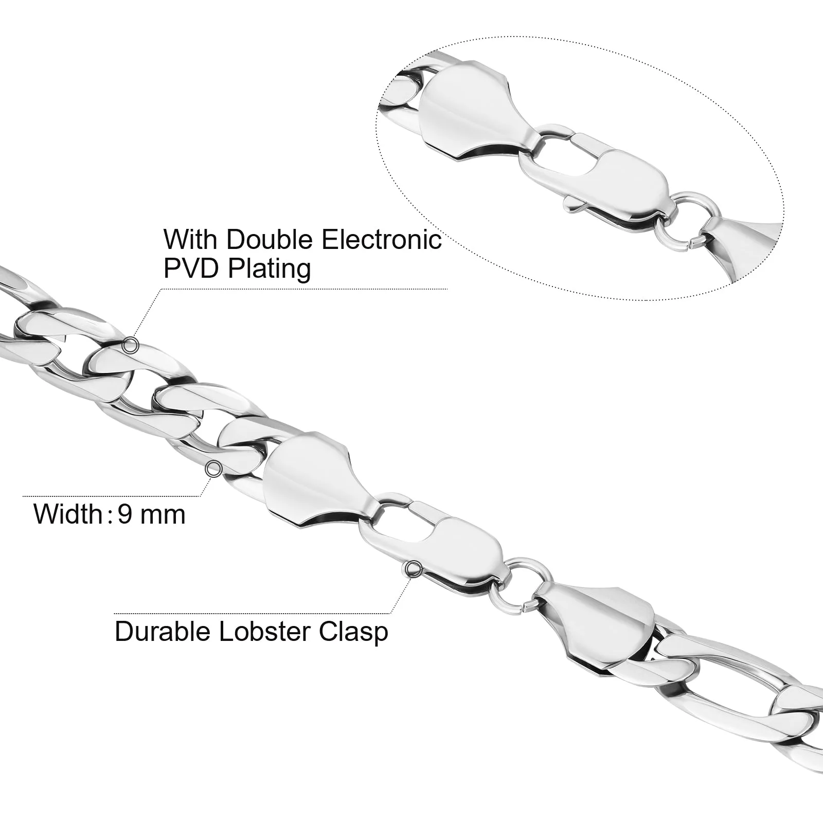 9mm Stainless Steel 6-side Figaro Bracelet