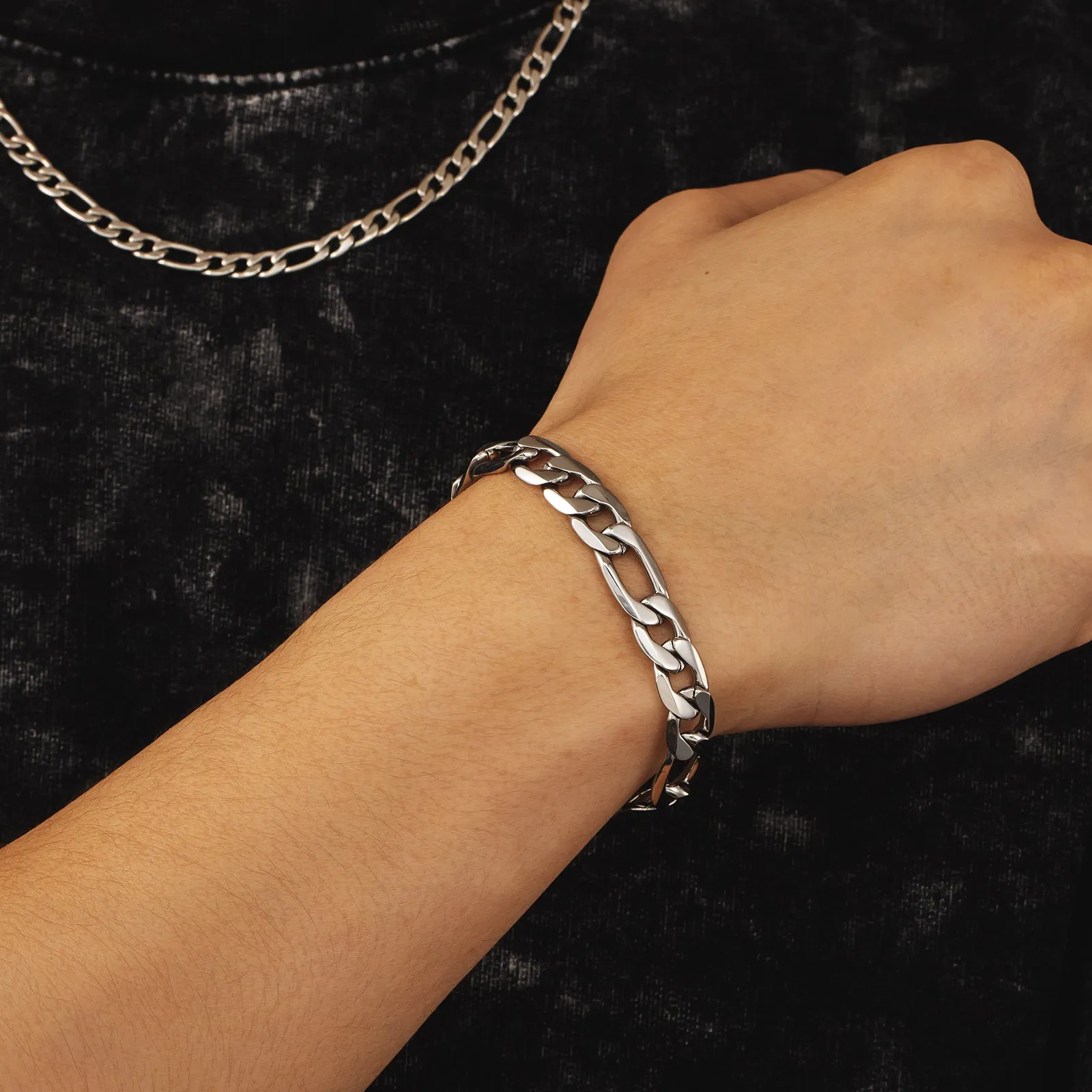 9mm Stainless Steel 6-side Figaro Bracelet