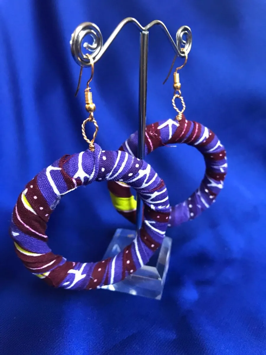 African Hoops in Purple Ankara Print - Up cycled Zero Waste Earrings