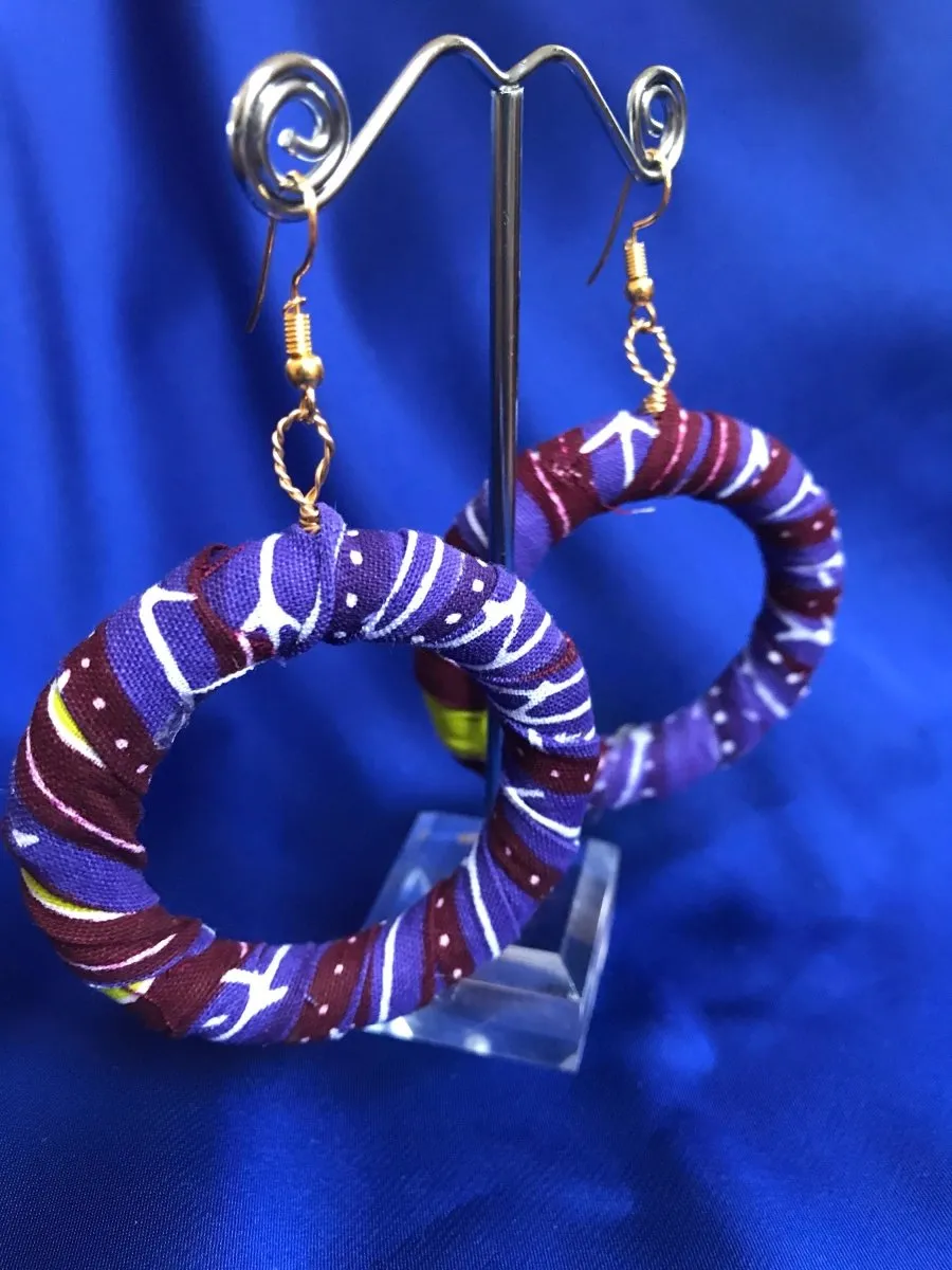 African Hoops in Purple Ankara Print - Up cycled Zero Waste Earrings