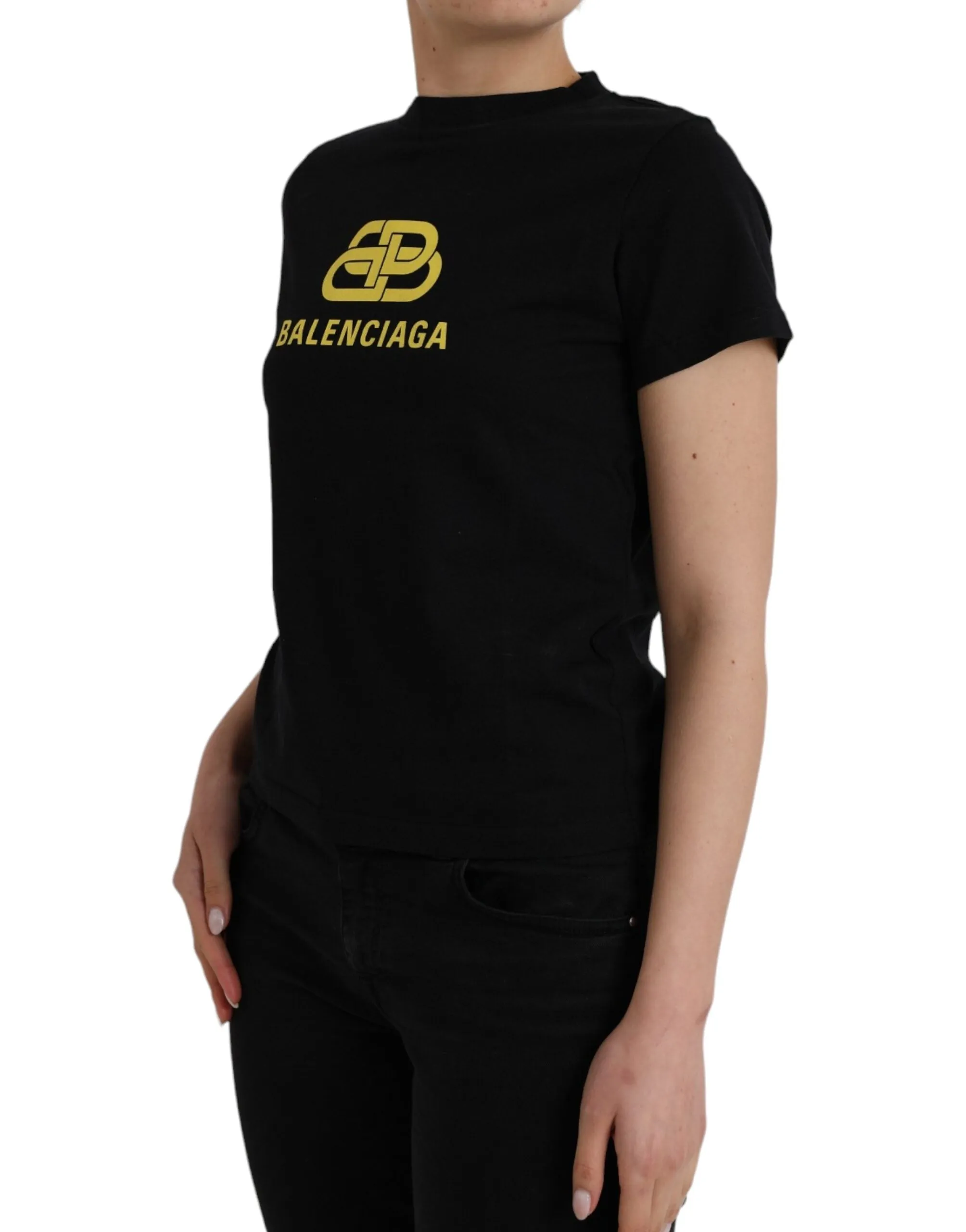 Balenciaga Black Cotton Logo Print Crew Neck Short Sleeves Women's T-shirt (Pre-Owned)