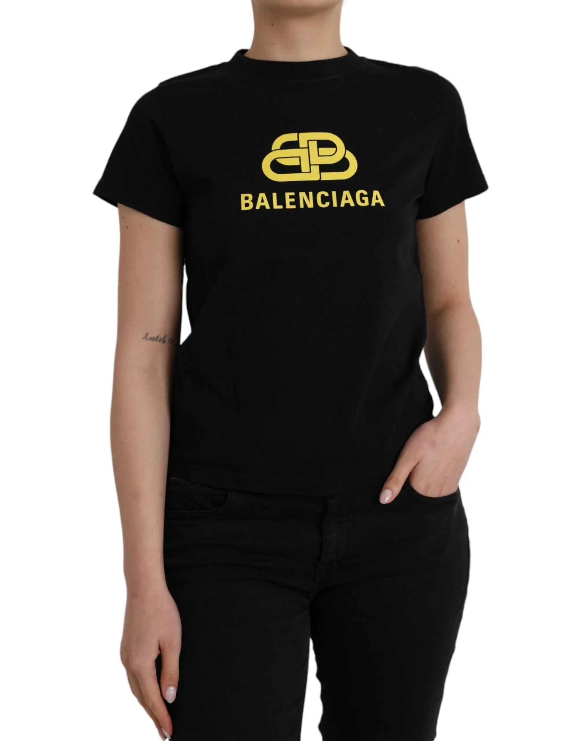 Balenciaga Black Cotton Logo Print Crew Neck Short Sleeves Women's T-shirt (Pre-Owned)