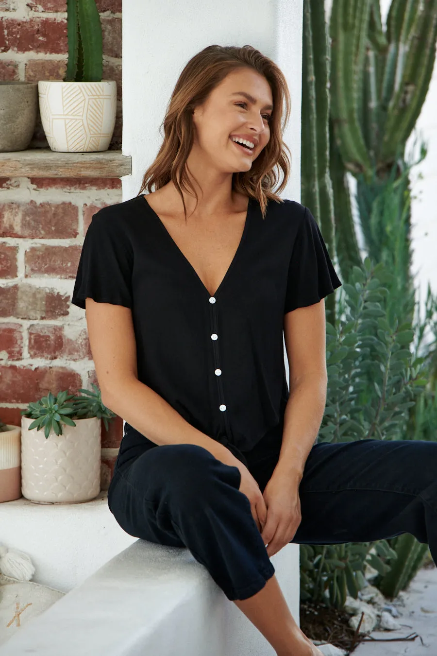 Beverley Black Button Front Crop