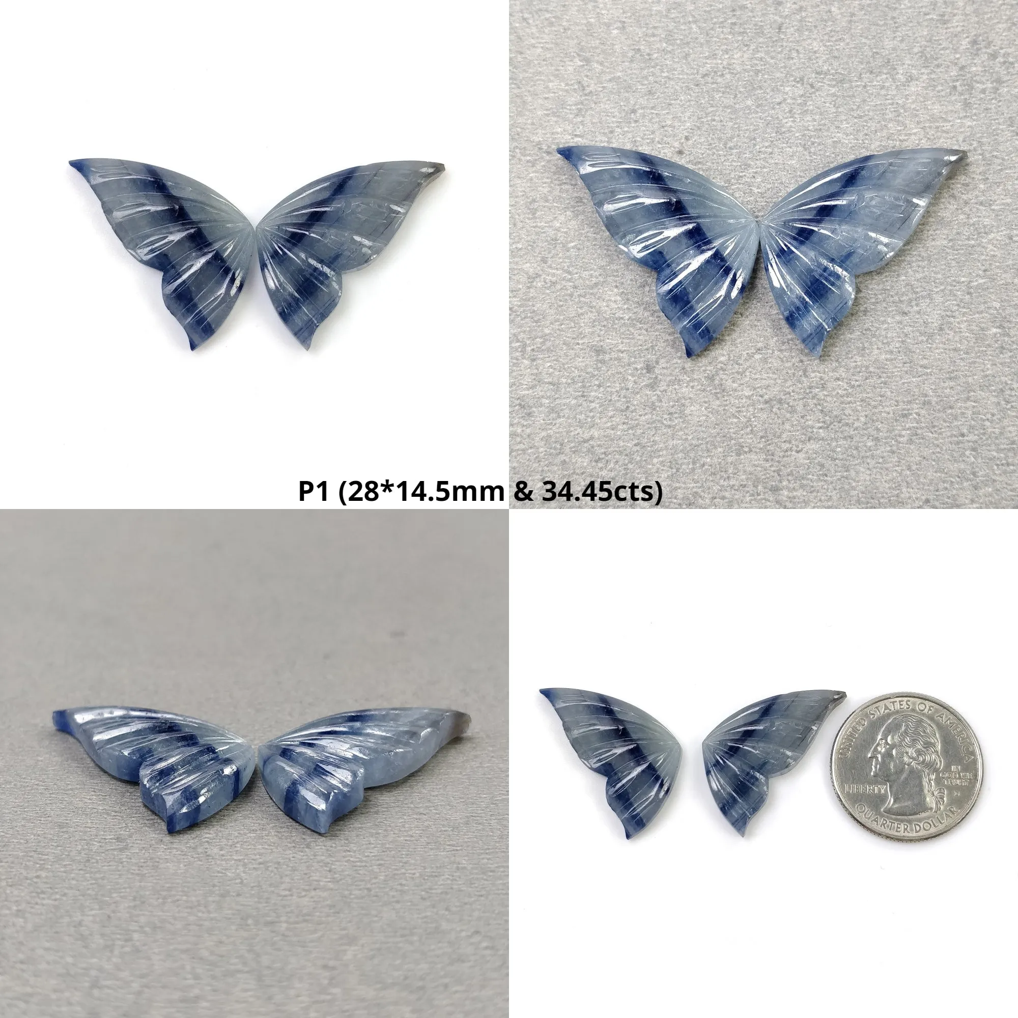 BLUE SAPPHIRE Gemstone Carving : Natural Untreated Bi-Color Blue Sapphire Hand Carved BUTTERFLY Pair