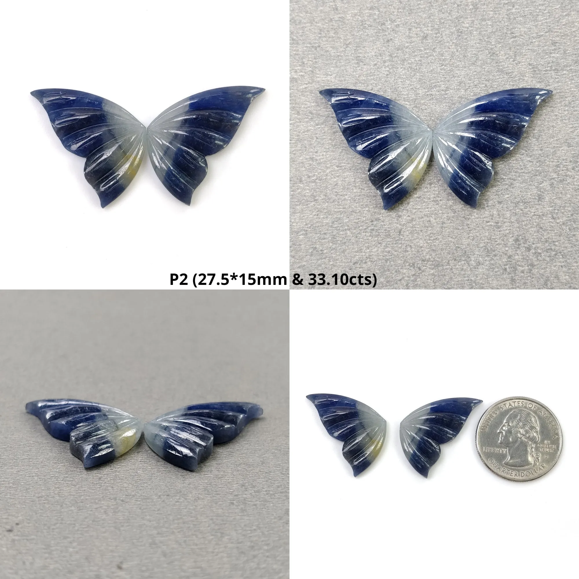 BLUE SAPPHIRE Gemstone Carving : Natural Untreated Bi-Color Blue Sapphire Hand Carved BUTTERFLY Pair