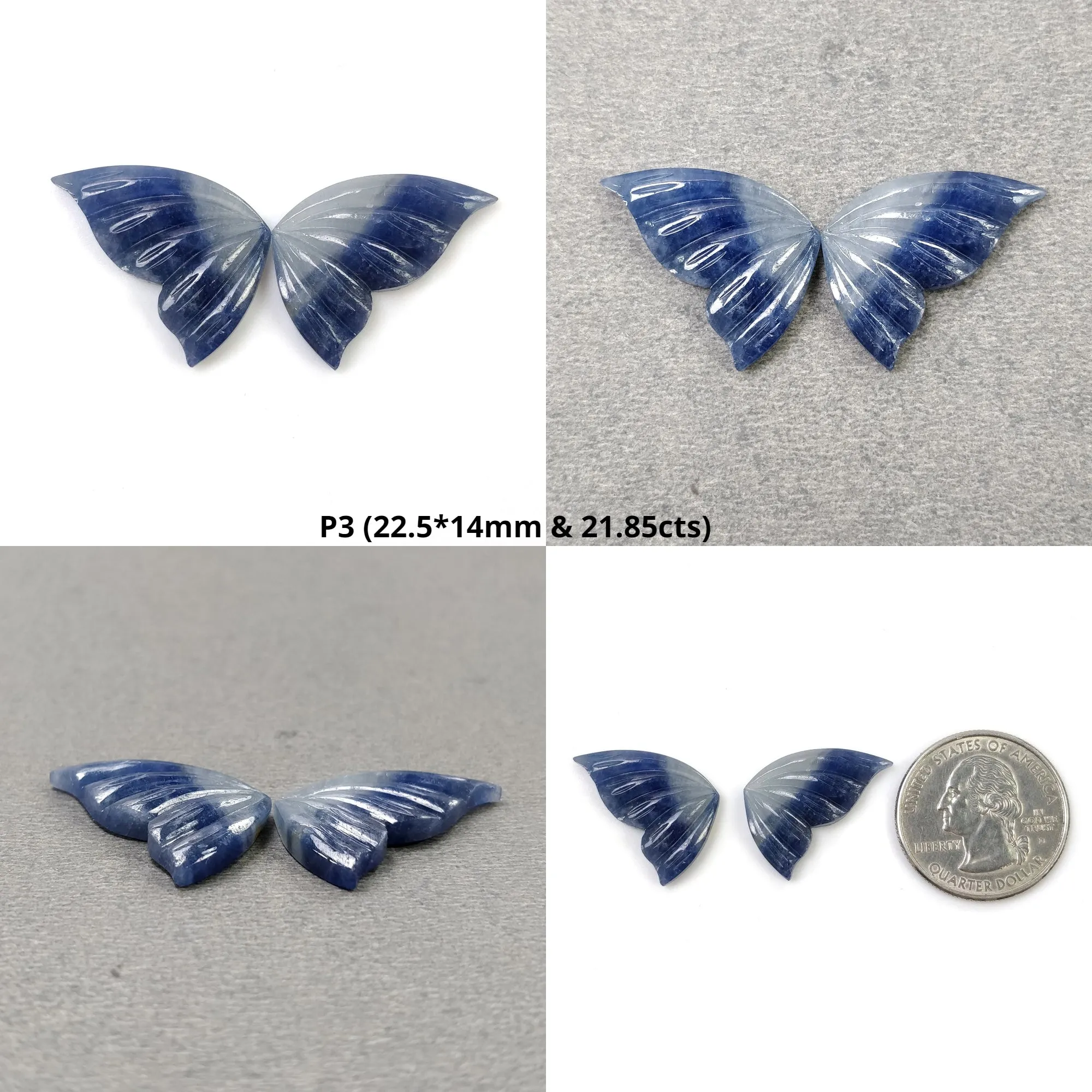 BLUE SAPPHIRE Gemstone Carving : Natural Untreated Bi-Color Blue Sapphire Hand Carved BUTTERFLY Pair