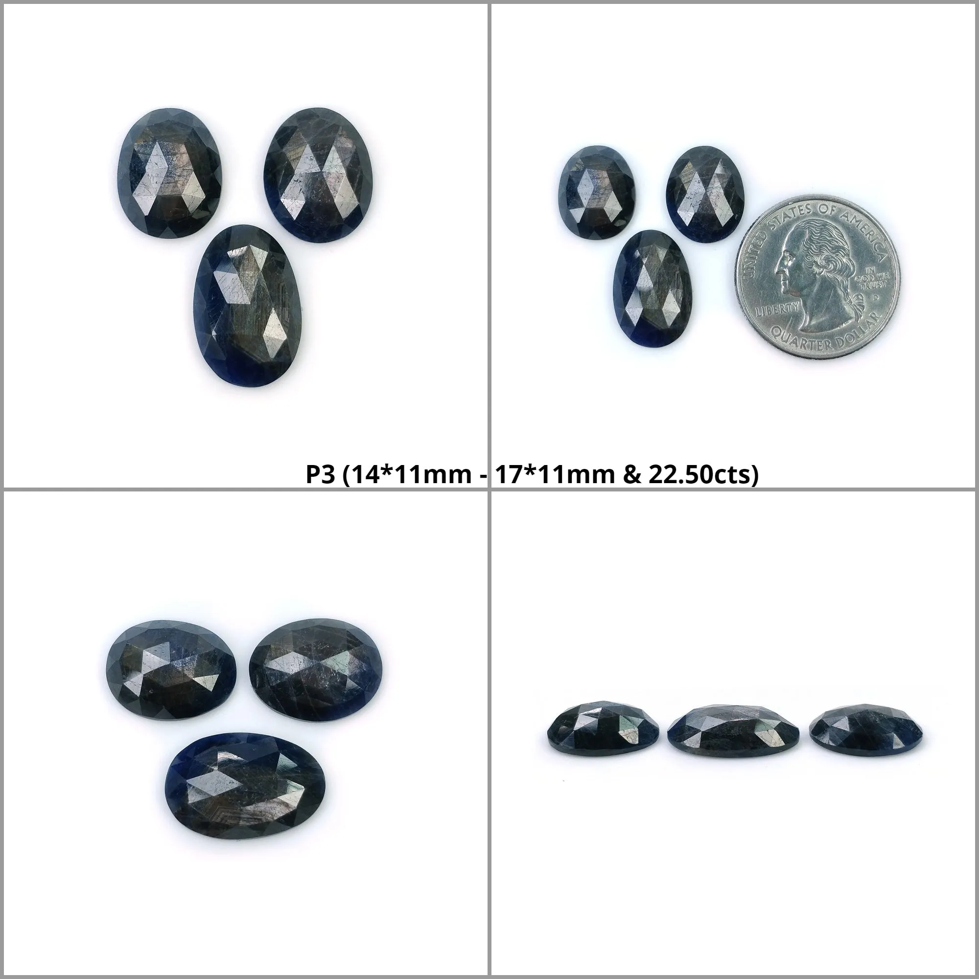 BLUE SILVER SAPPHIRE Gemstone Rose Cut : Natural Untreated Unheated Sapphire Egg Shape 3pcs (With Video)