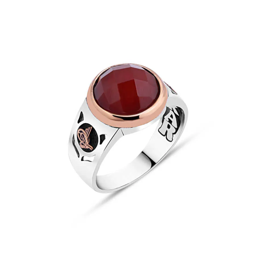 Dark Red Facet Cut Small Circle Agate Stone Silver Men's Ring Siding Ottoman Tughra