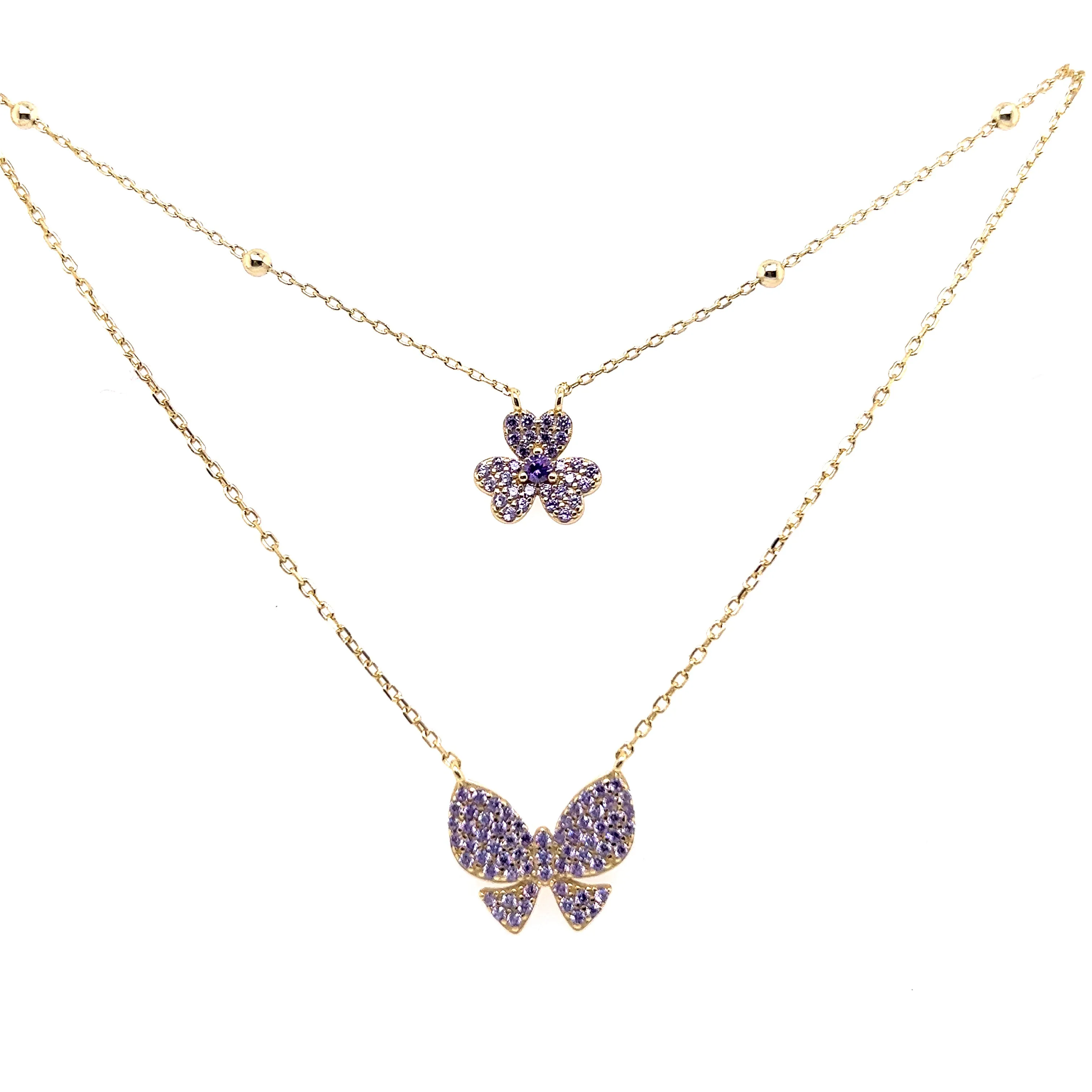 Double Purple Necklace With Flower and Butterfly