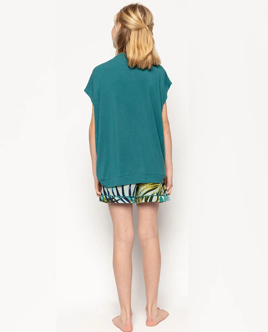 Eleanor Aqua Green Jersey Top and Palm Leaf Print Shorty Set