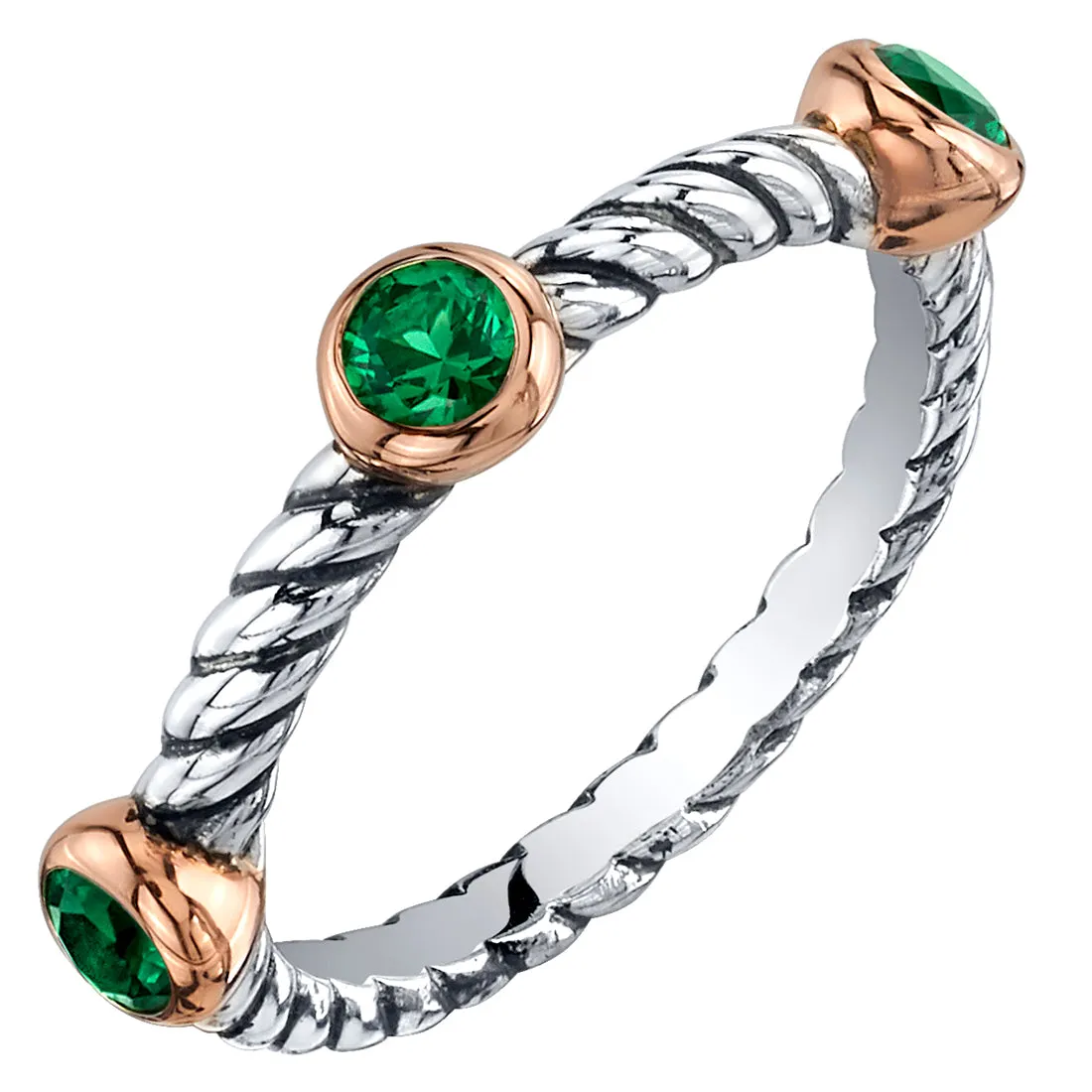 Emerald 3-Stone Cable Stackable Ring Sterling Silver Round Shape Size 6