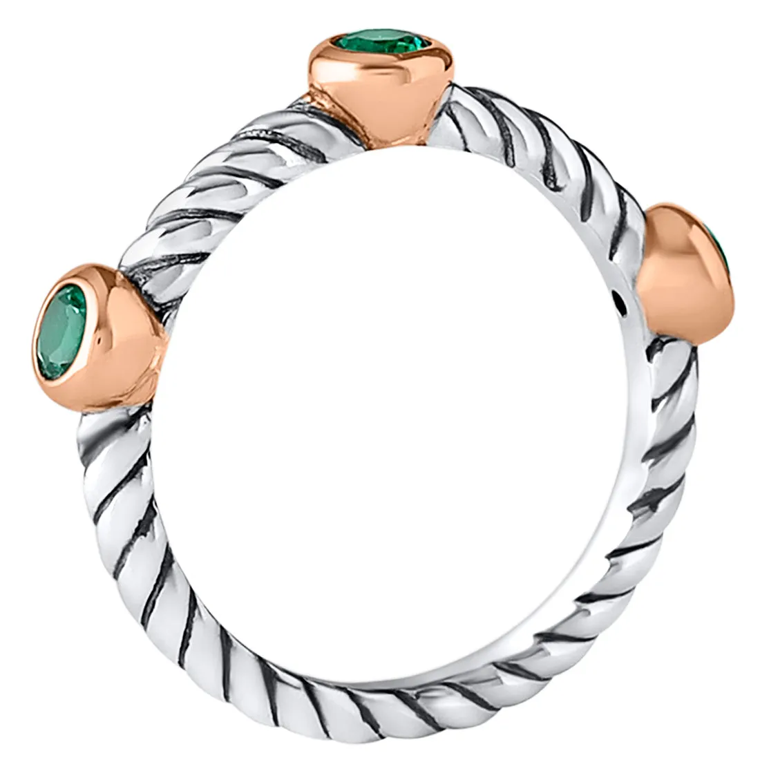 Emerald 3-Stone Cable Stackable Ring Sterling Silver Round Shape Size 6