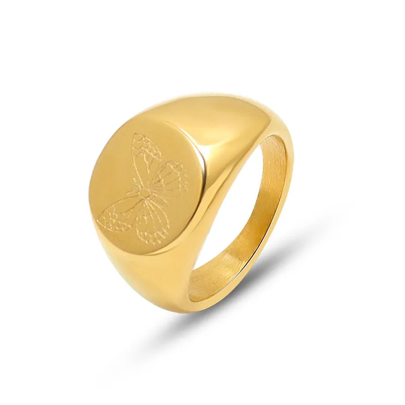 Engraved 18K Gold Flower and Butterfly Ring Birthday Gift LJ31