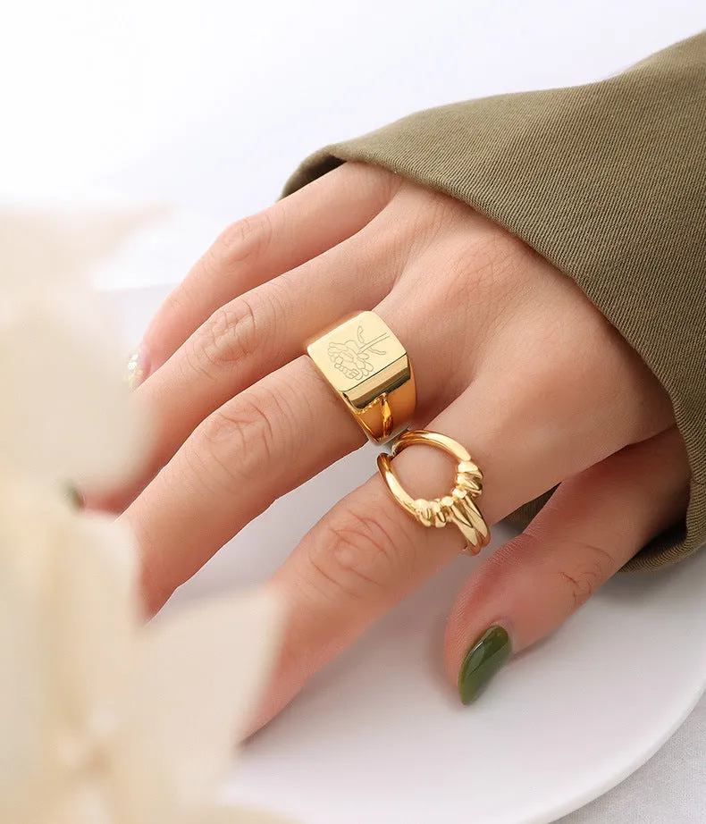 Engraved 18K Gold Flower and Butterfly Ring Birthday Gift LJ31