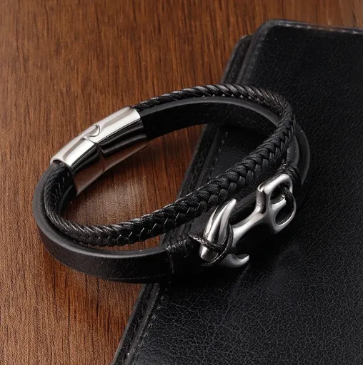 Fresh Accessories - Unisex Black Leather Bracelet  Anchor