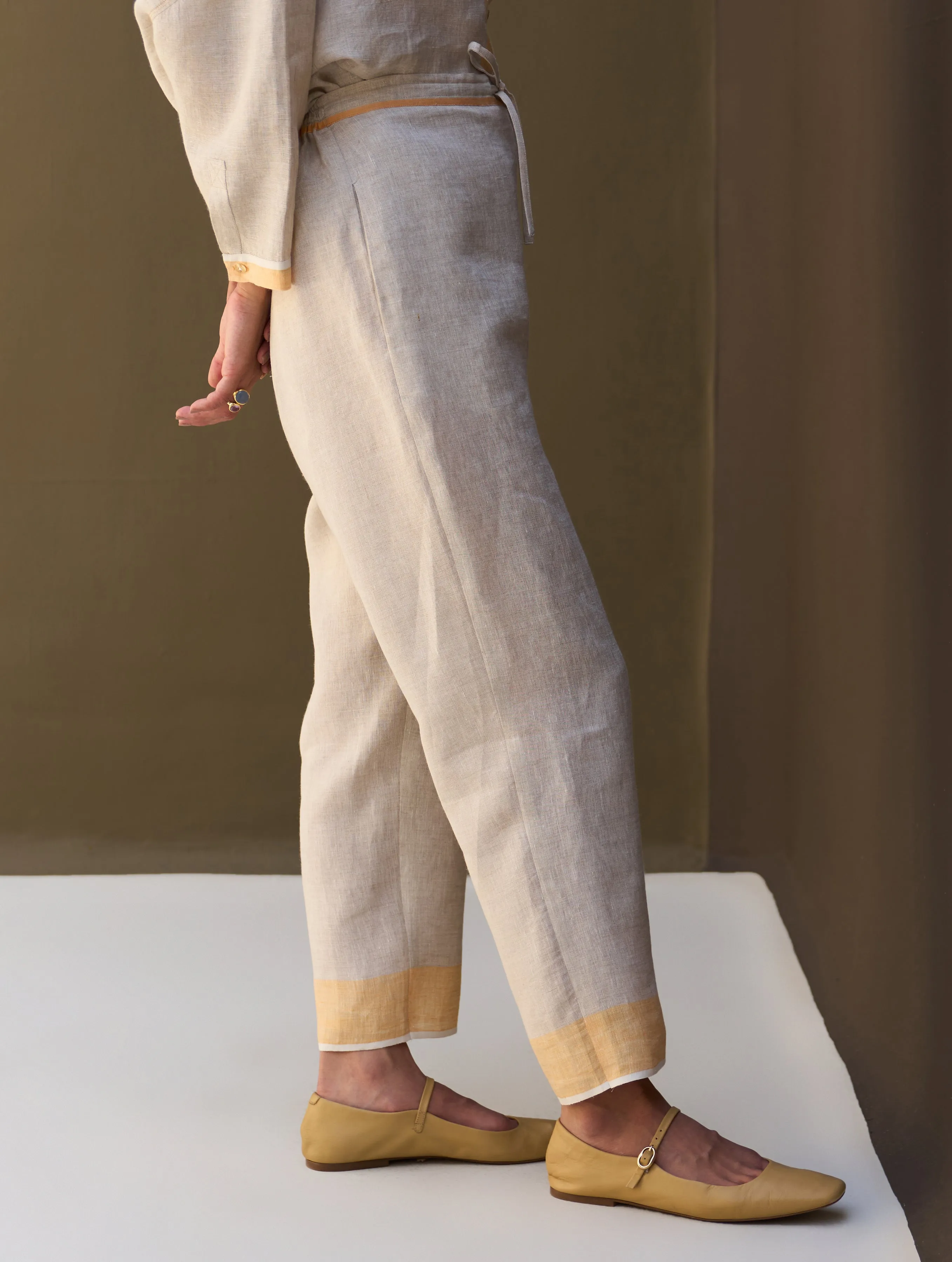 June Border Linen Kurta Set - Natural