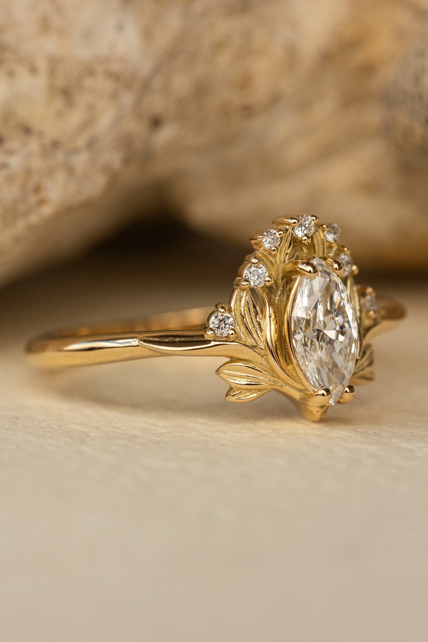 Lab grown diamond engagement ring, gold flower ring with diamonds / Iris