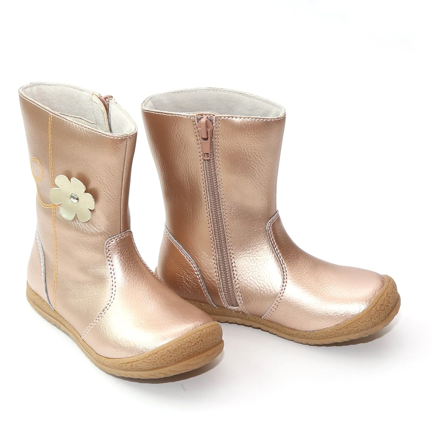 L'Amour Girls Rosegold Leather Flower Mid Boot