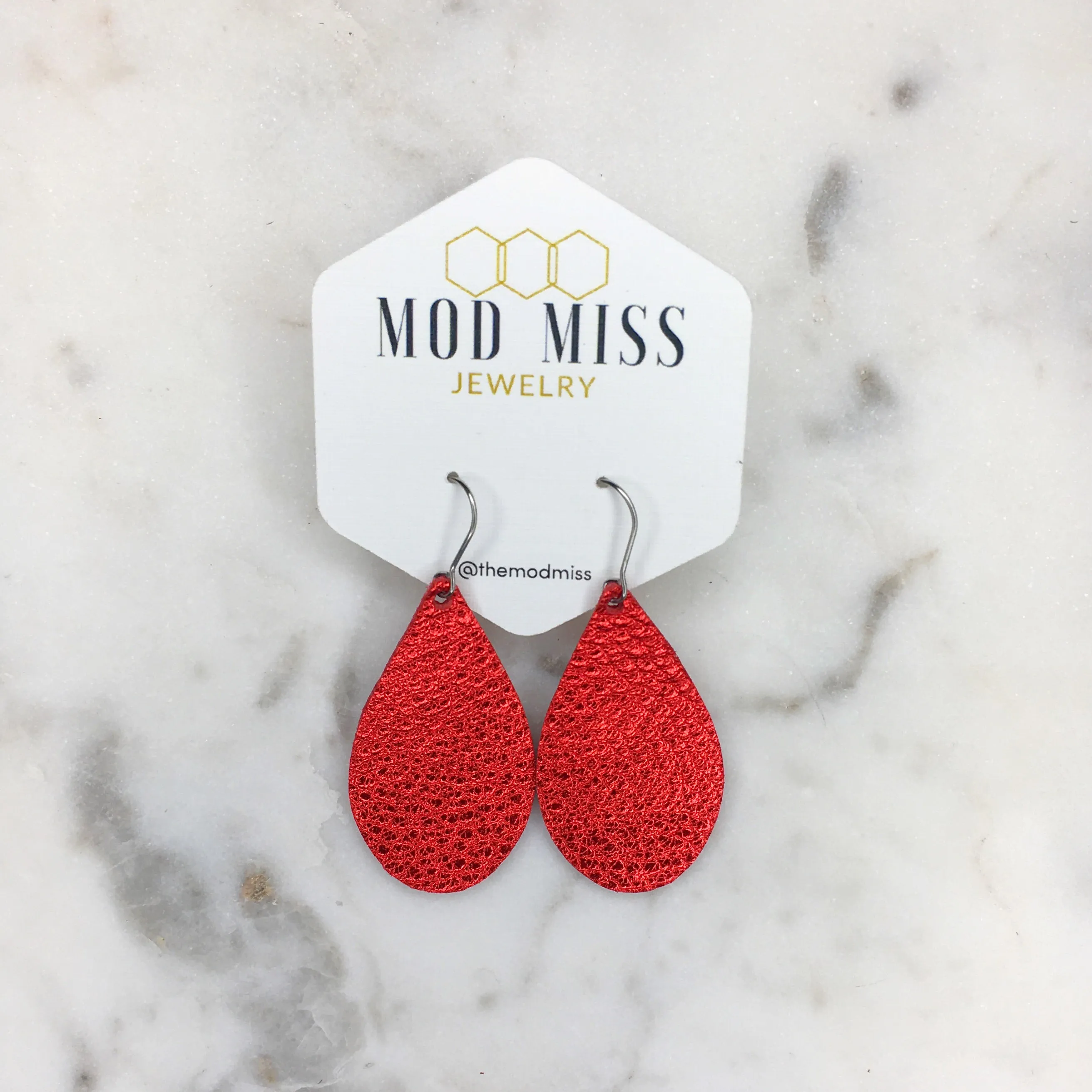 Leather Teardrop Earring Metallic Red