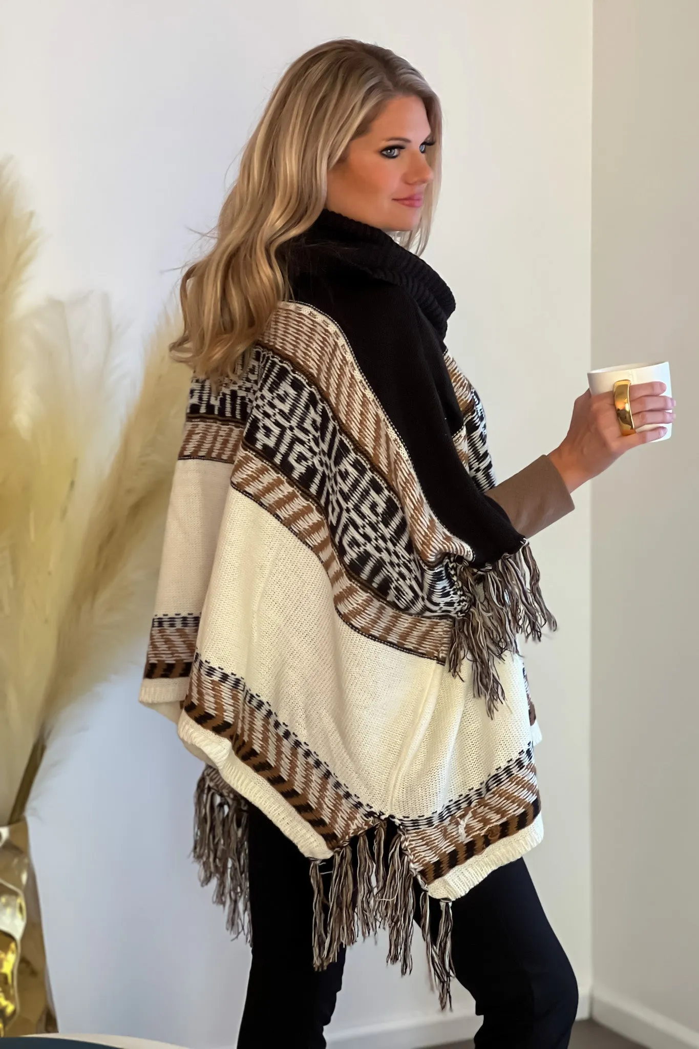 Lifetime of Joy Cowl Neck Poncho : Black/Ivory