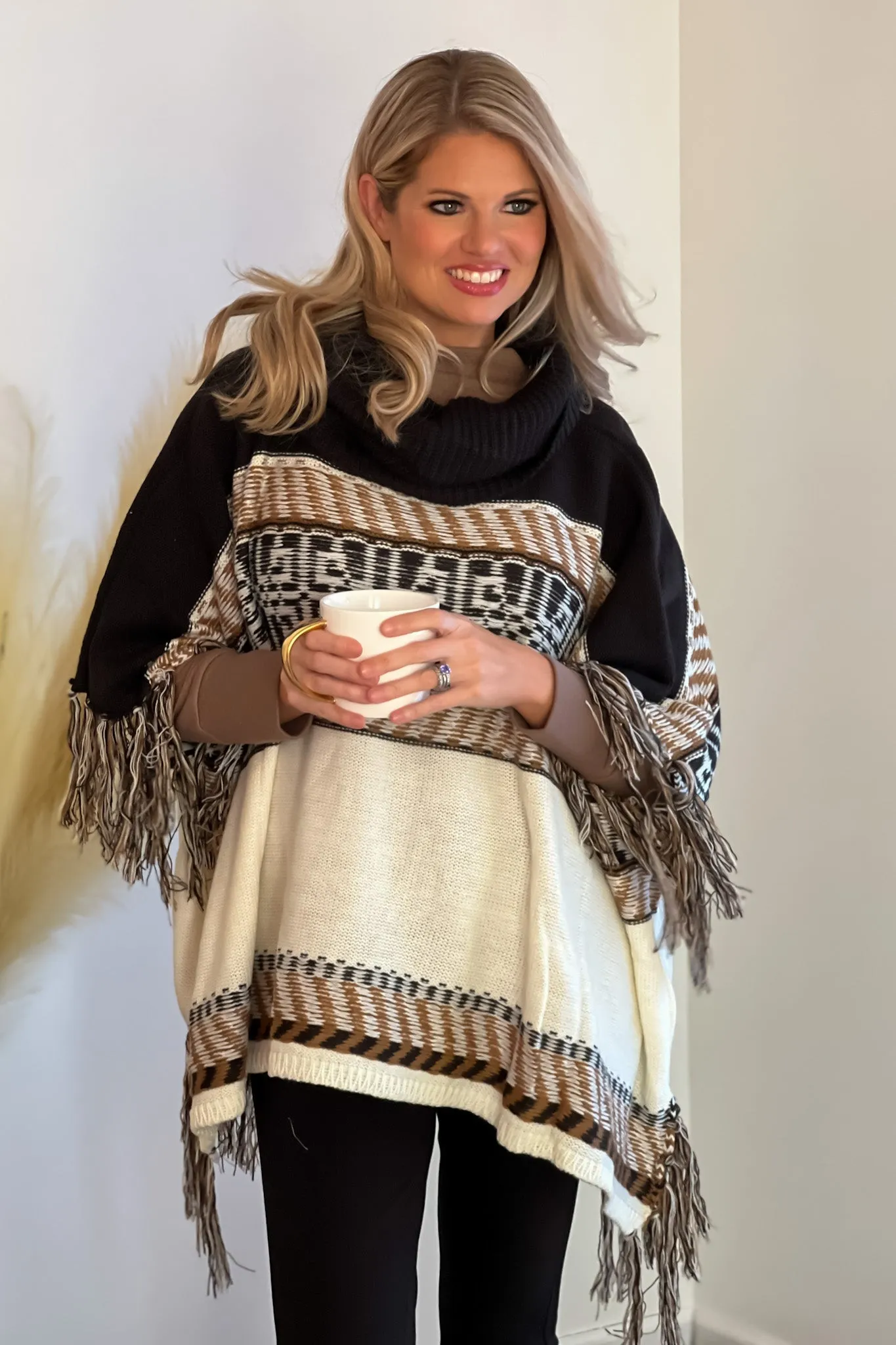 Lifetime of Joy Cowl Neck Poncho : Black/Ivory