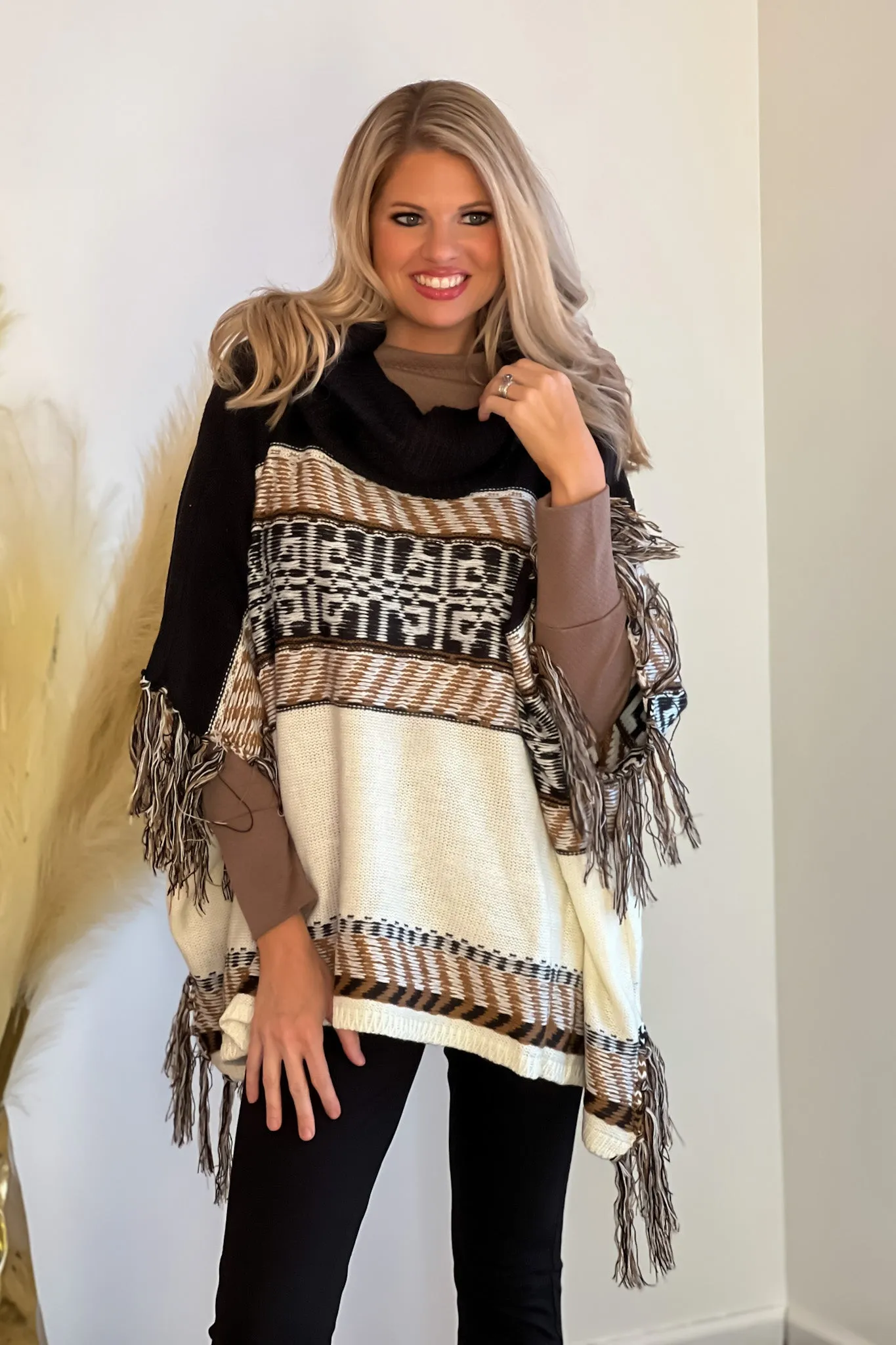 Lifetime of Joy Cowl Neck Poncho : Black/Ivory