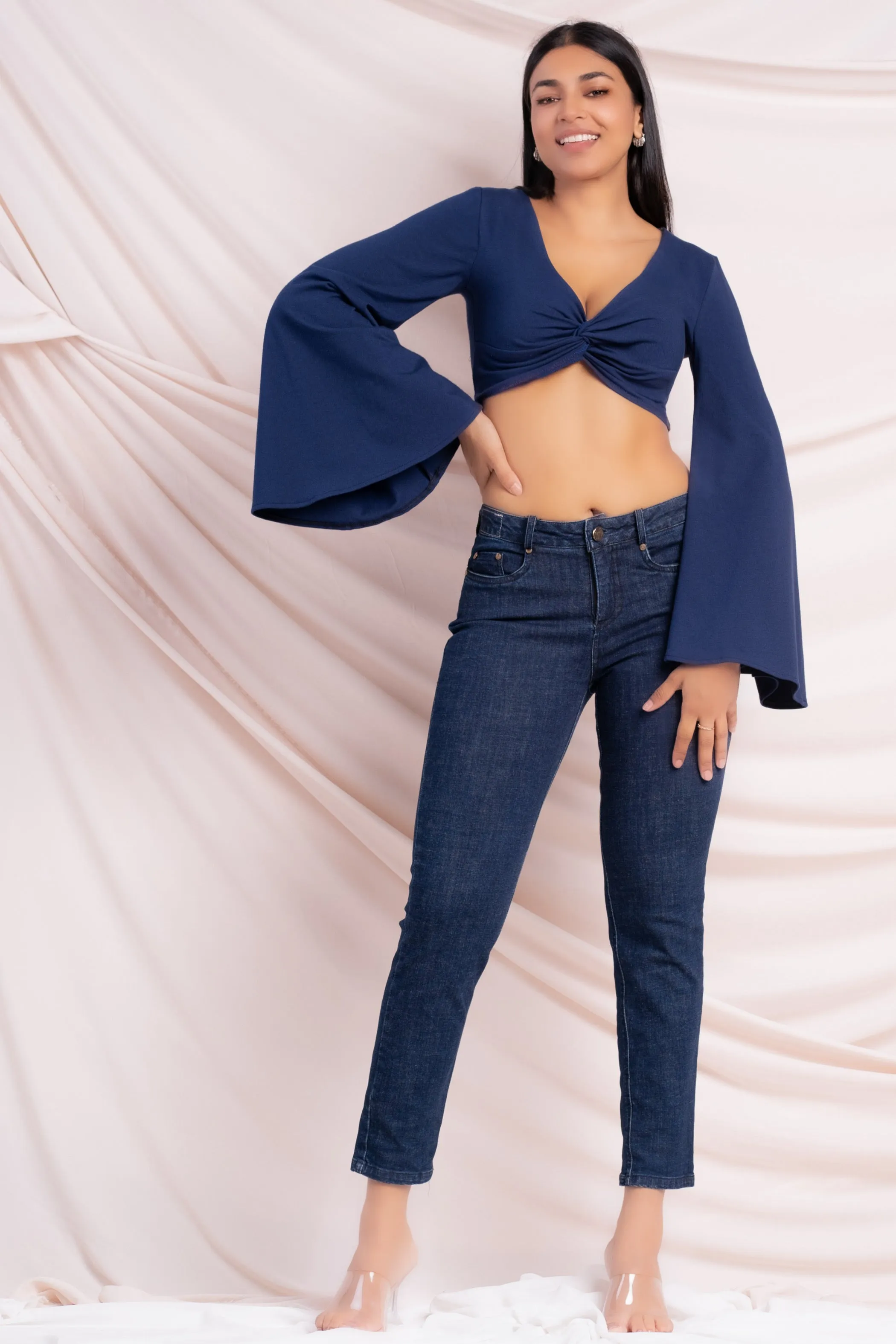 Navy Flare Sleeve Crop Top