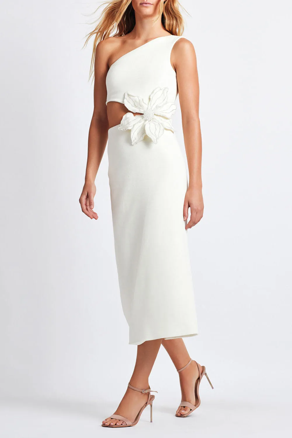 One Shoulder Kleid Flower in Ivory