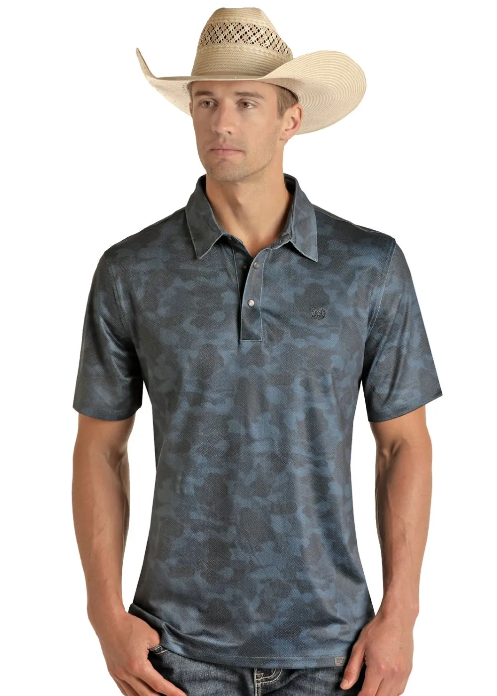 'Panhandle' Men's Camo Print Performance Knit Polo - Navy