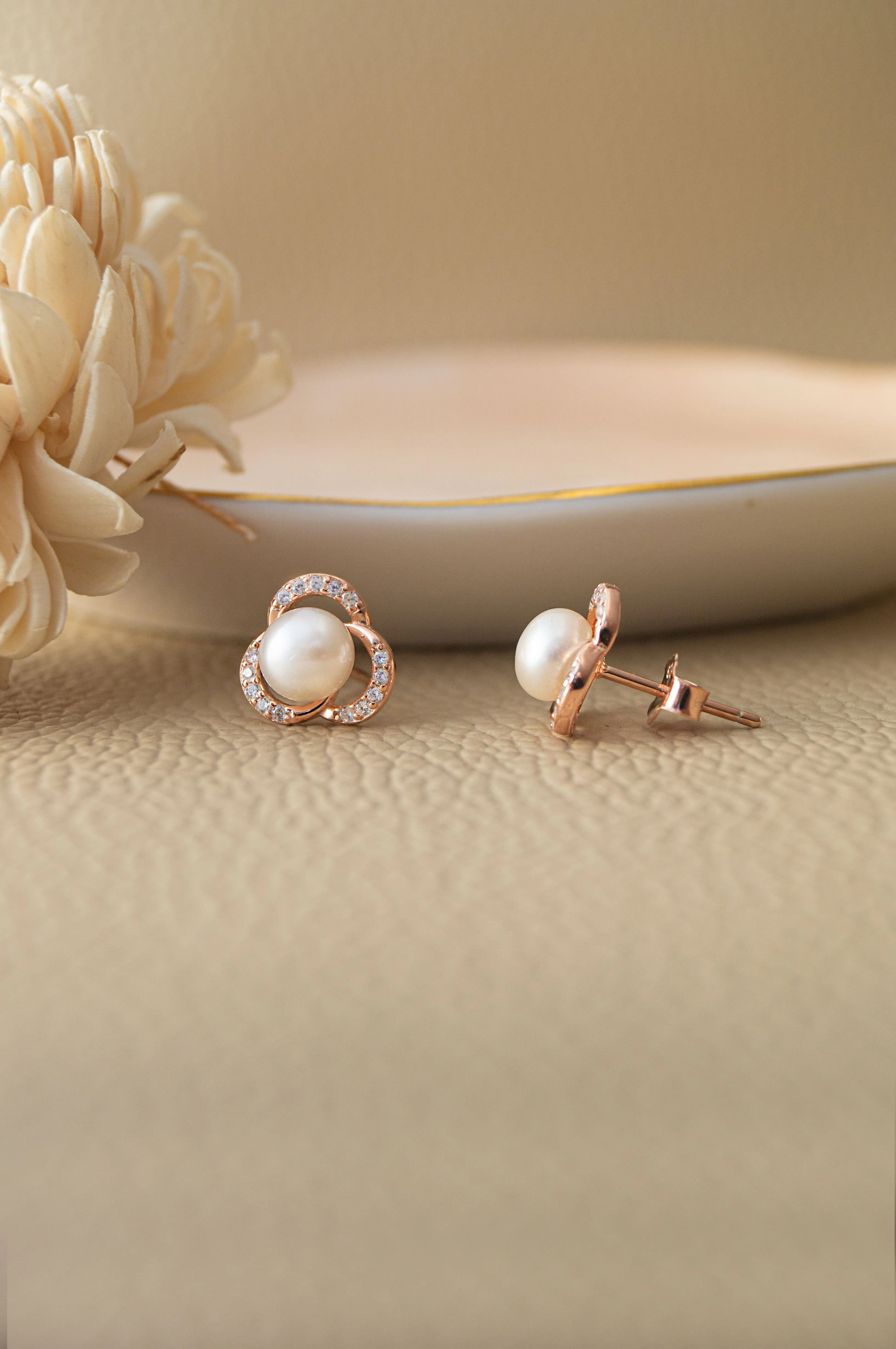 Pearl Enclosed Flower Sterling Silver Stud Earrings