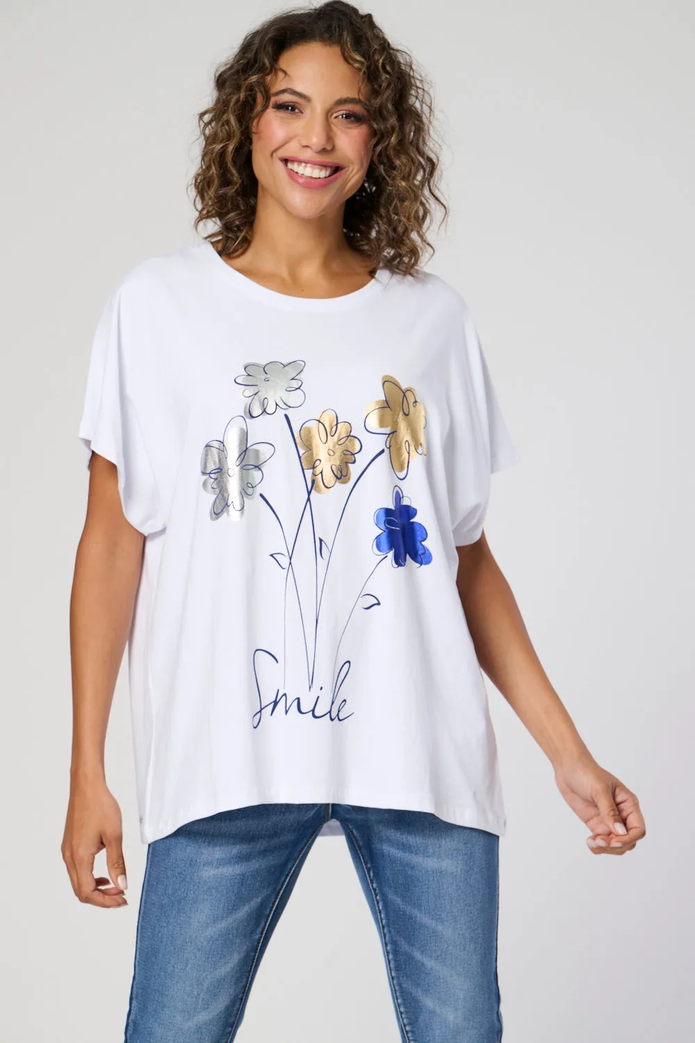 Saloos Oversized Tee with Front Metallic Floral Motif