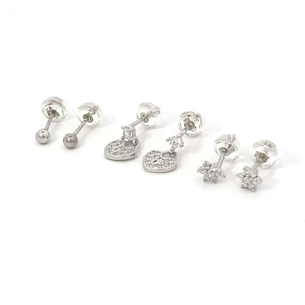 Santana Silver Microstud Earrings Set Round Flower and Heart with Cubic Zirconia