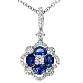 Sapphire & Diamond Flower Pendant Necklace 18K White Gold