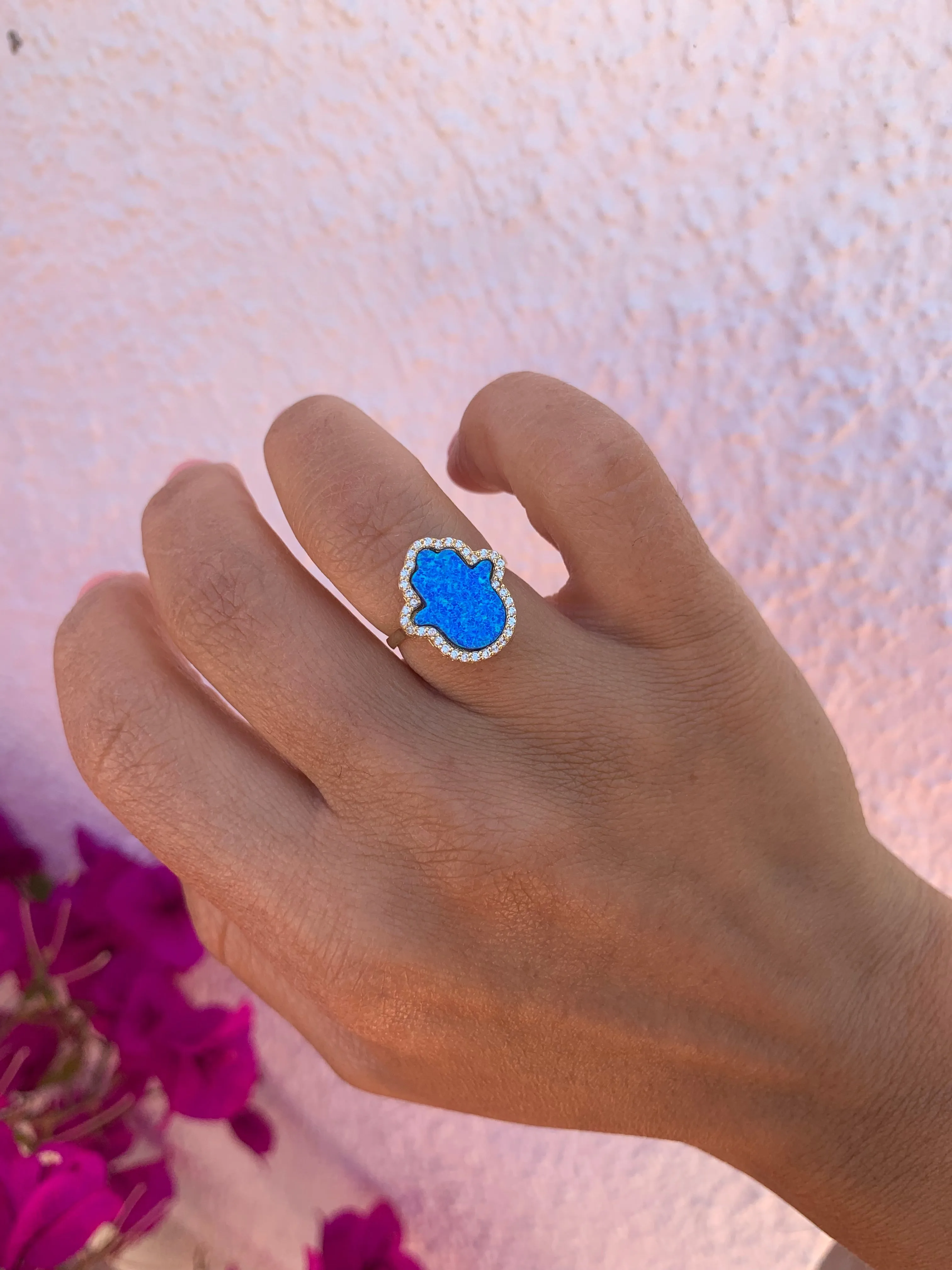 Silver 18k gold plated opal hamsa ring no