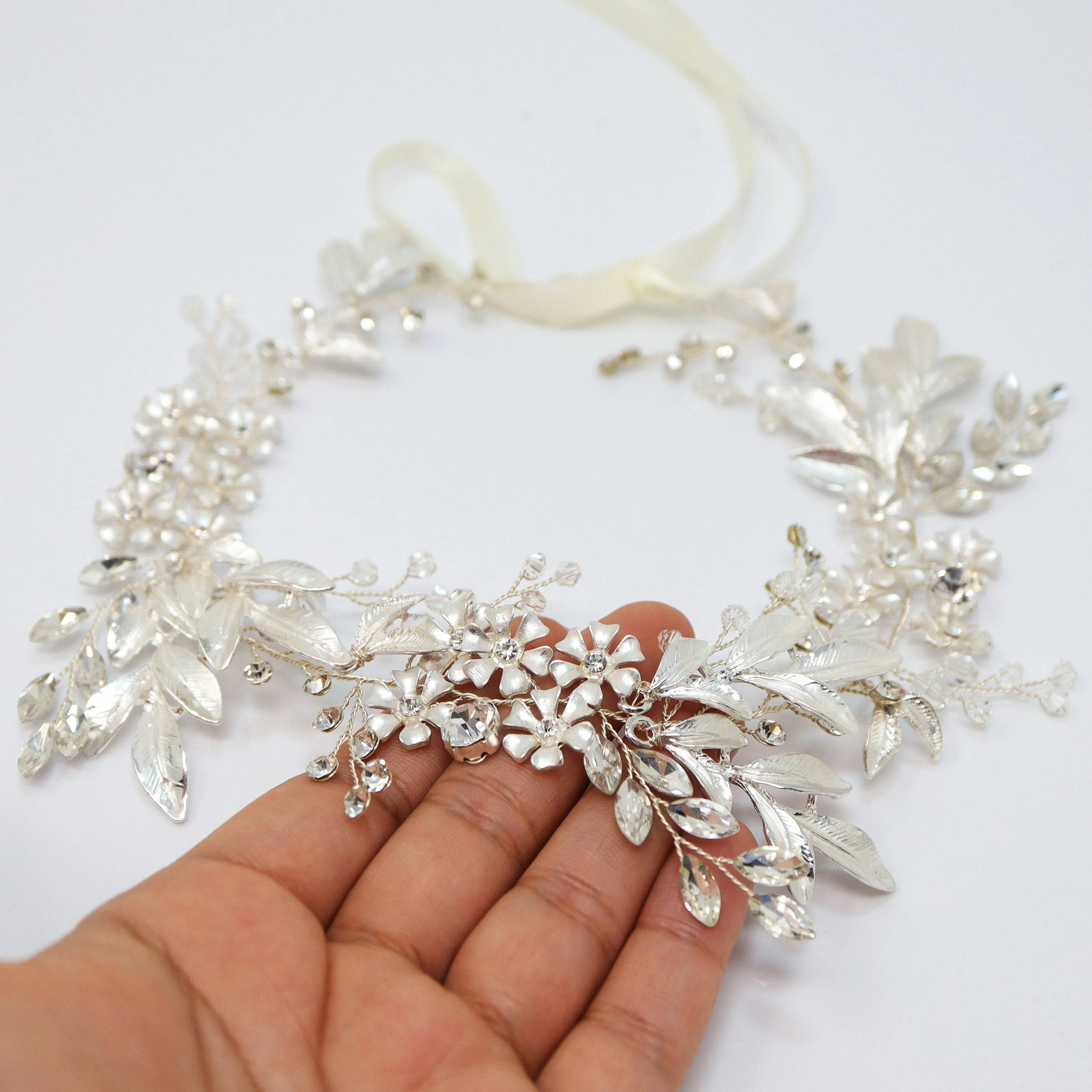 Swarovski Crystals Floral Leaves Garden Wedding Hair Vine, Pearl Bridal Hair Vine, Rhinestone Headband, Statement hair accessories.