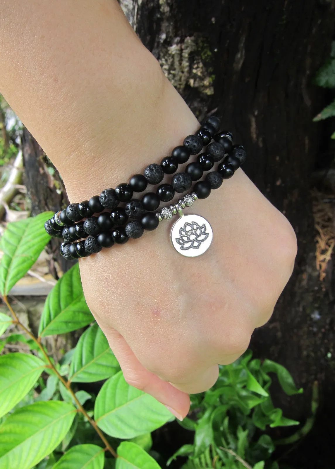 Unisex 108 Bead Mala in Black Onyx, Black Lava, Lotus Mala Necklace/Bracelet