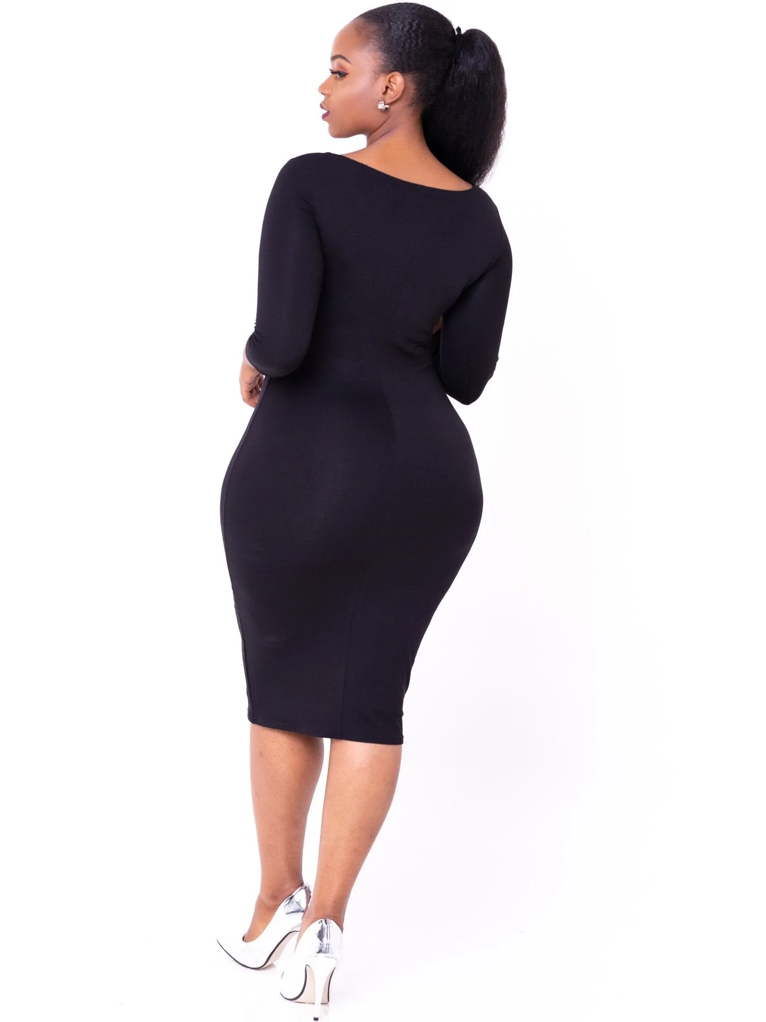 Vivo Basic 3/4 Sleeve Double Layered Bodycon Dress - Black