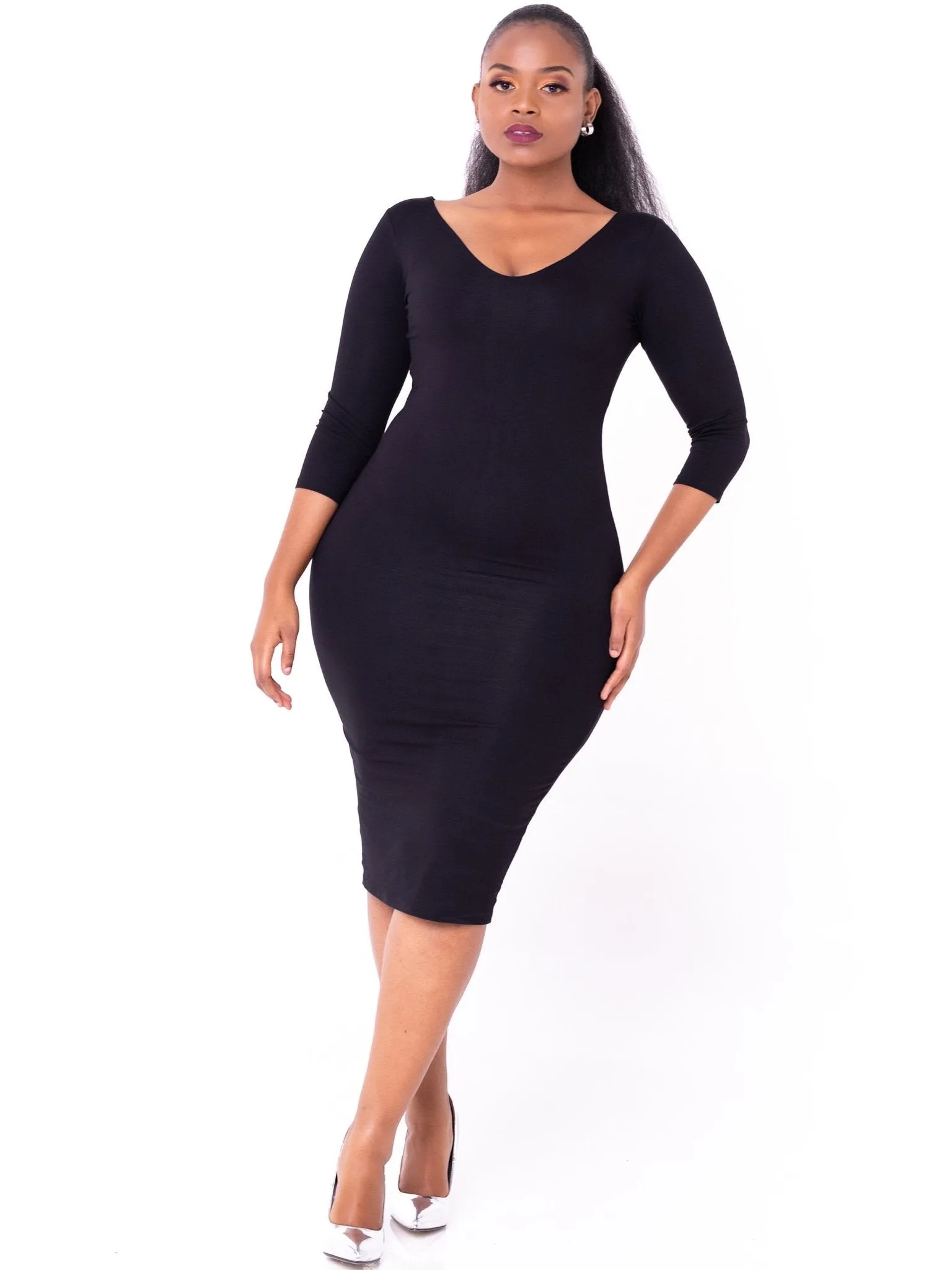 Vivo Basic 3/4 Sleeve Double Layered Bodycon Dress - Black