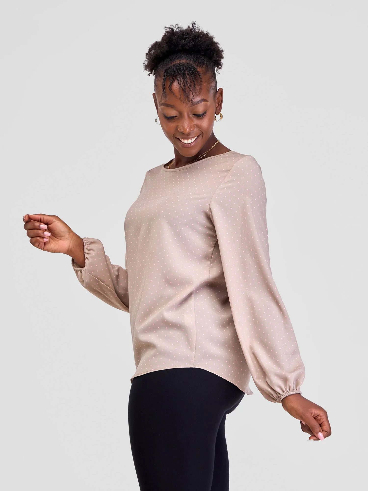 Vivo Basic Long Sleeved Bishop Top - Pink Polka